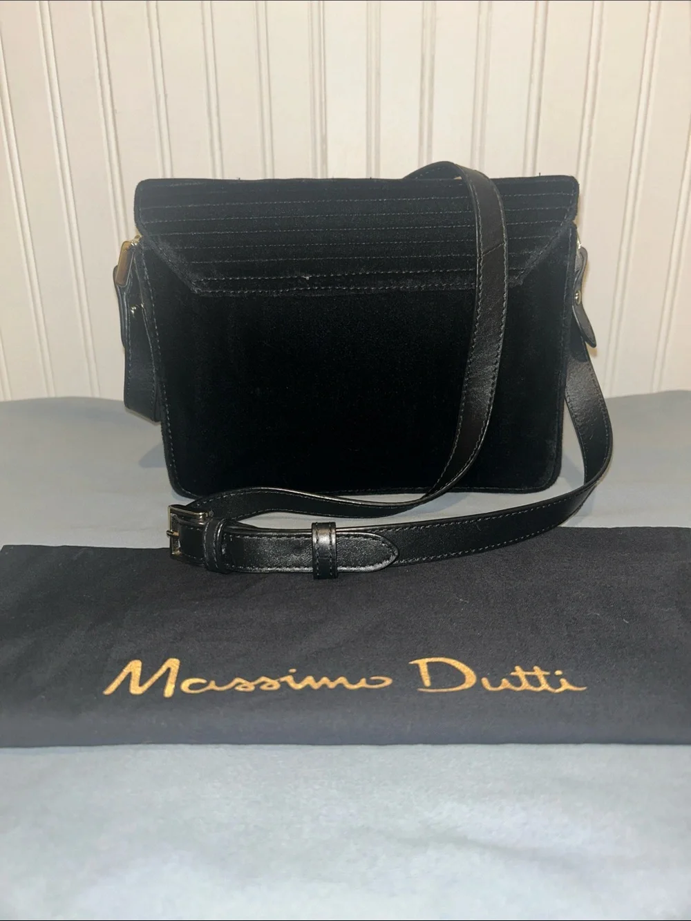 Massimo Dutti Black Velvet Messenger Bag w Diagonal Striped Quilting-Gently Used